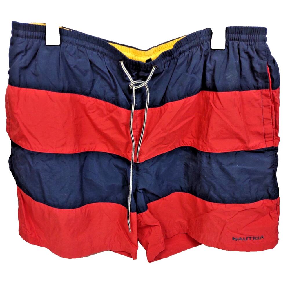 Vintage Nautica 90's Swim Trunks Shorts Mens XL Red Yellow Blue Nylon Pockets